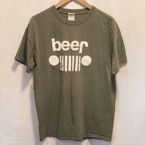 Jeep Beer T-Shirt Men's L Army Green 100% Cotton Short Sleeve Tee Front‎ Grill